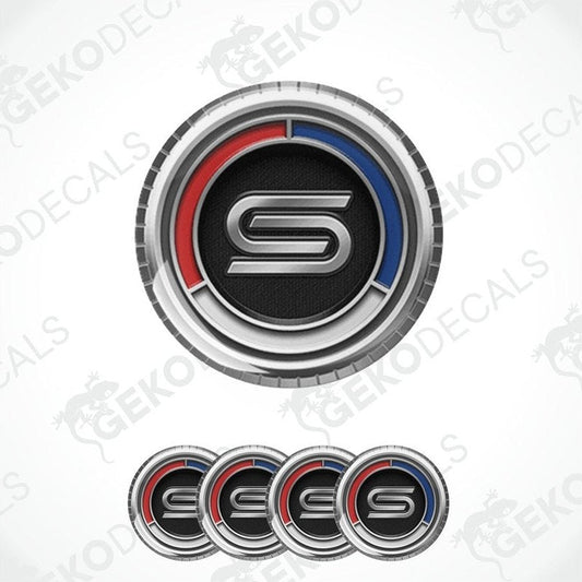 A set of vinyl decals for a car, featuring a central 'S' letter within a circular design, with red, white, and blue colors.