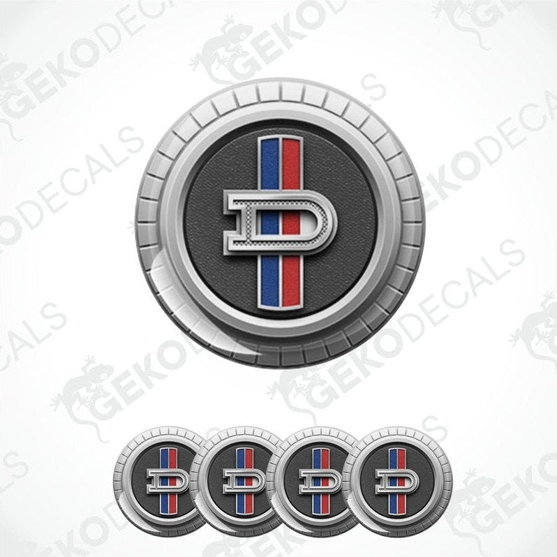 A set of four round vinyl stickers with a geometric design featuring a letter 'DATSUN', in red, blue, and black colors, with a polyurethane coating.