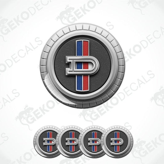 A set of four round vinyl stickers with a geometric design featuring a letter 'DATSUN', in red, blue, and black colors, with a polyurethane coating.