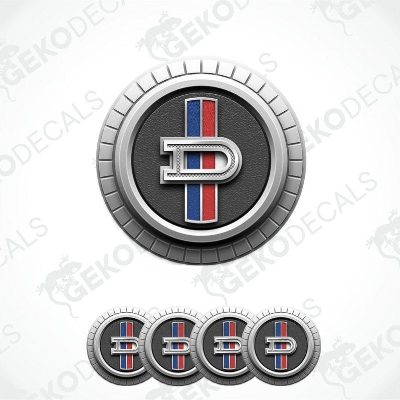 A set of four round vinyl stickers with a geometric design featuring a letter 'DATSUN', in red, blue, and black colors, with a polyurethane coating.