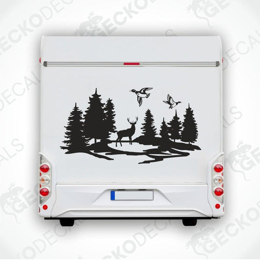 A die cut decal depicting a forest scene with trees, deer, and ducks, designed for use on vehicles or other surfaces.