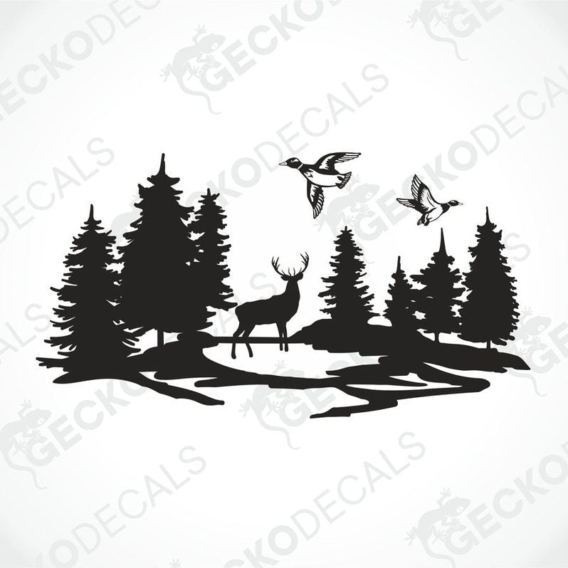 A die cut decal depicting a forest scene with trees, deer, and ducks, designed for use on vehicles or other surfaces.