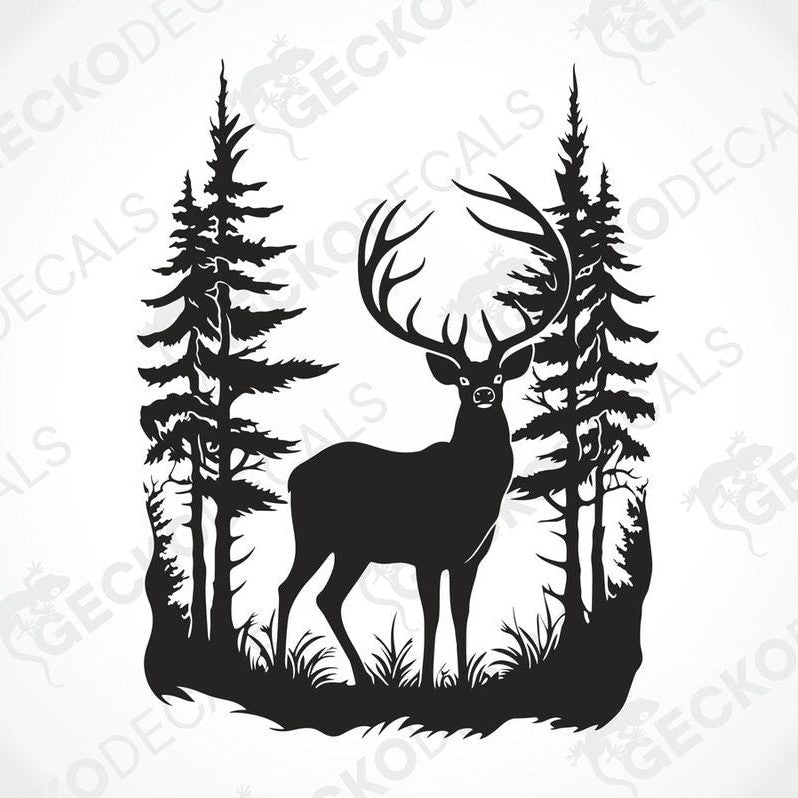 A decal of a black deer with antlers, placed on the side of a white vehicle, set against a background of a forest.