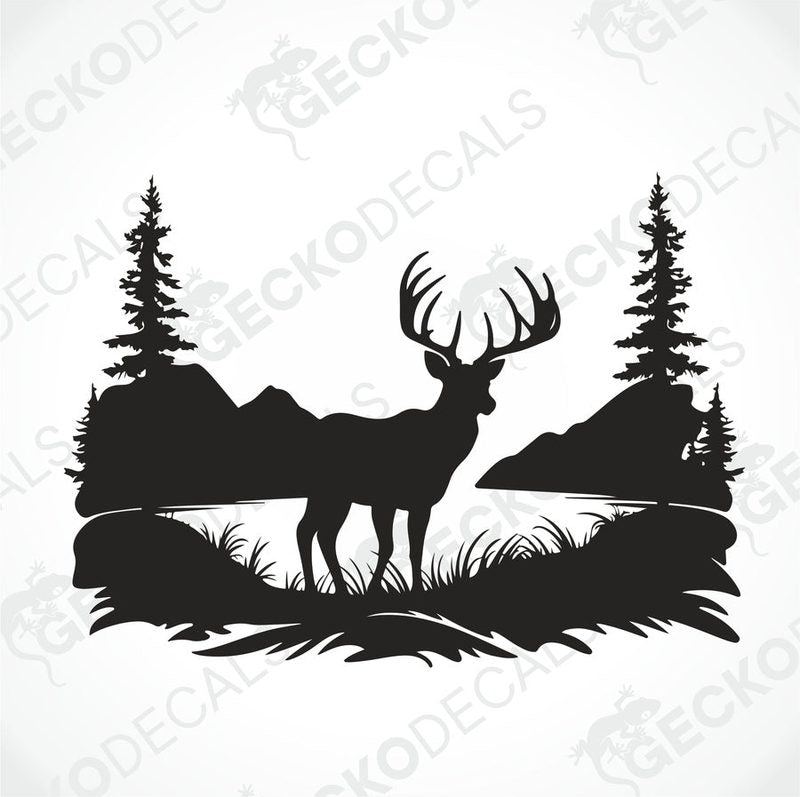 A black decal of a deer in a natural setting with trees and a sky background, positioned on the side of a white vehicle.