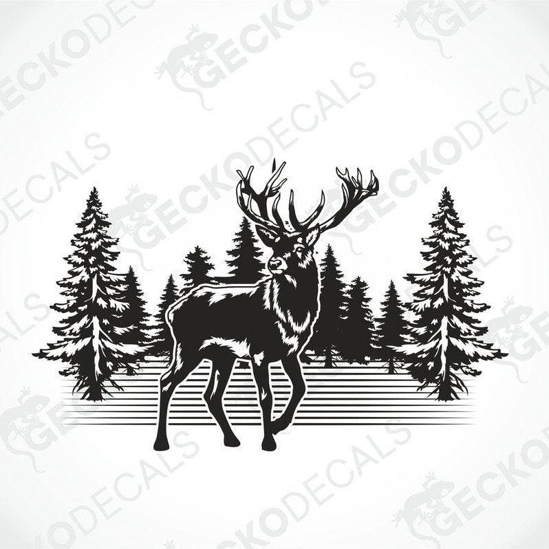 A die cut decal of a deer with a forest background, intended for use on vehicles or other surfaces.