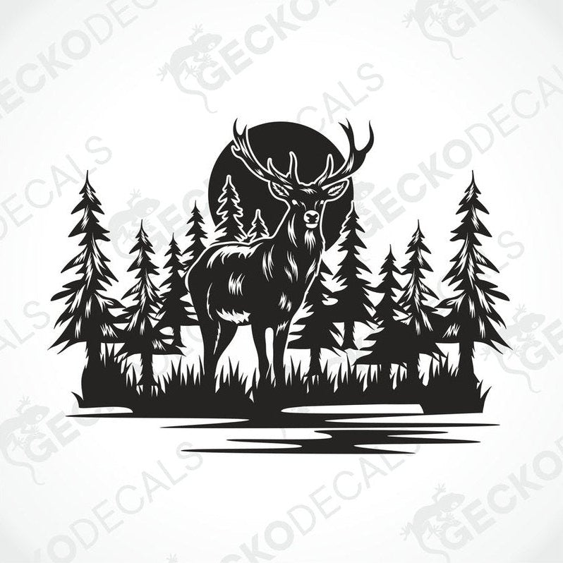 A die cut decal of a deer in a forest setting, intended for use on vehicles or other surfaces, displayed on a white background.