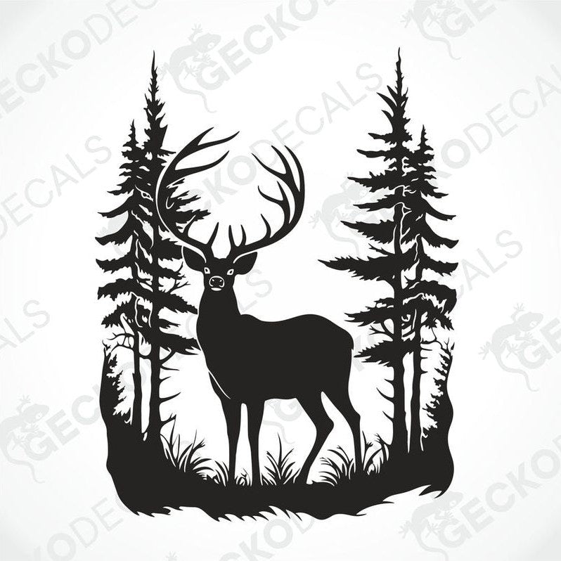 A decal of a black deer with antlers, placed on the side of a white vehicle, set against a background of a forest.