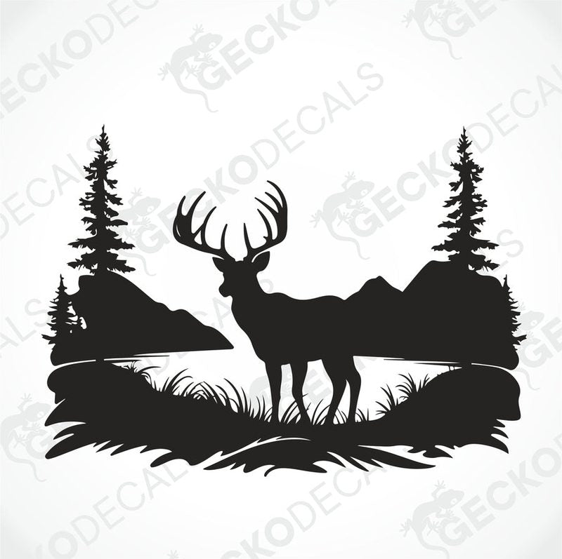 A black decal of a deer in a natural setting with trees and a sky background, positioned on the side of a white vehicle.