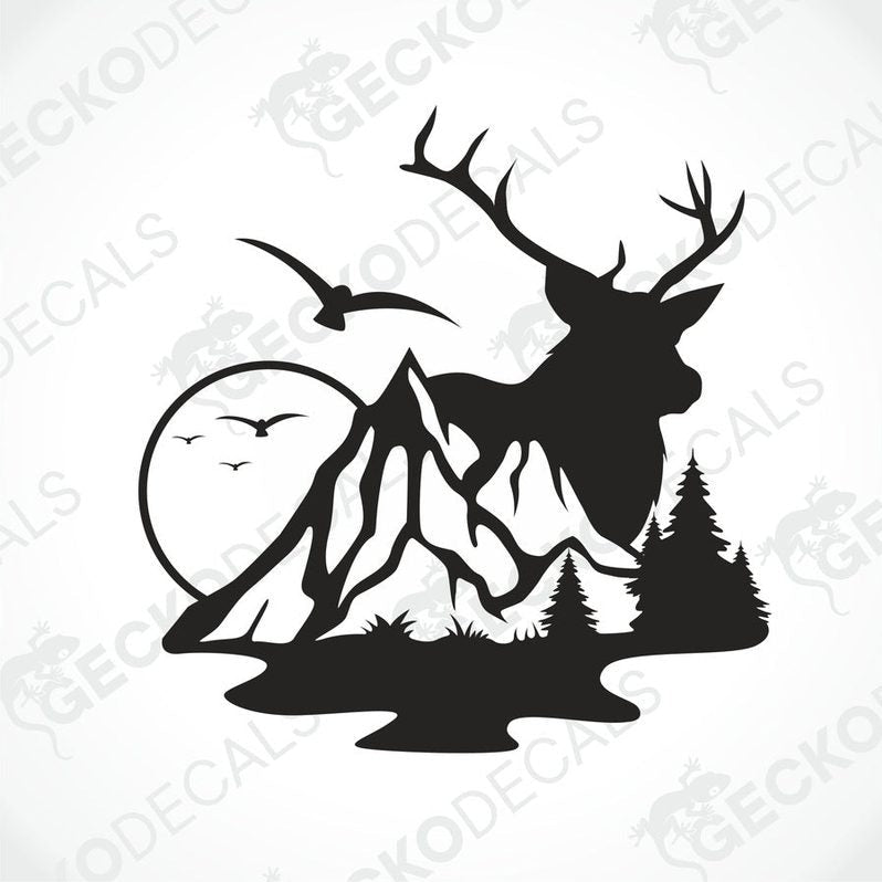 A die cut decal of a deer with mountains in the background, intended for use on vehicles or other surfaces.