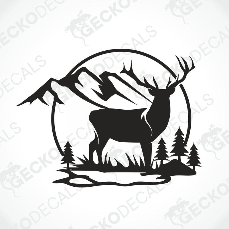 A die cut decal of a deer in a mountainous nature setting, applied on the rear of a white vehicle.