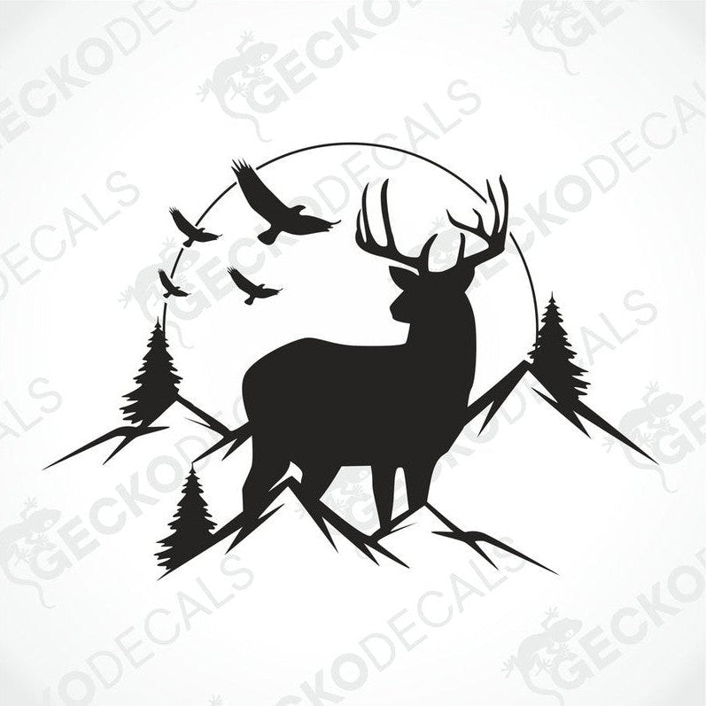A decal featuring a silhouette of a deer in a mountainous landscape with trees and a sunset.