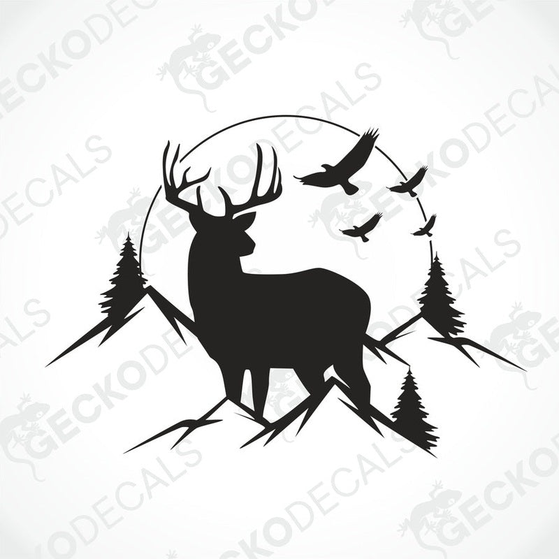 Black deer and mountain nature die-cut decal with birds and pine trees