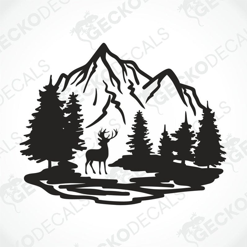 A decal of a mountain with trees and a silhouette of a deer on it.