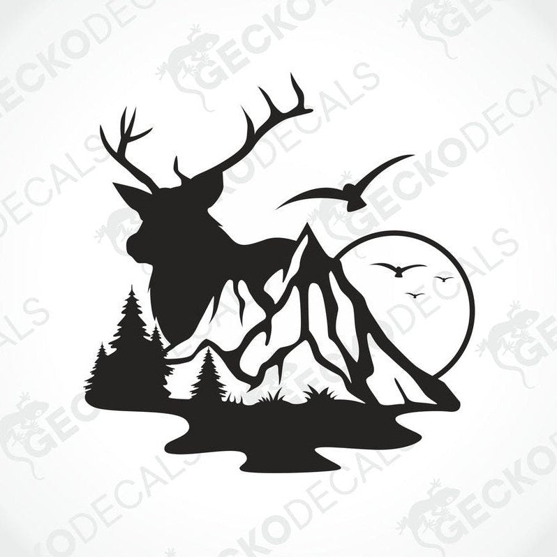 Black deer silhouette decal with mountain peaks and birds for car or wall decor