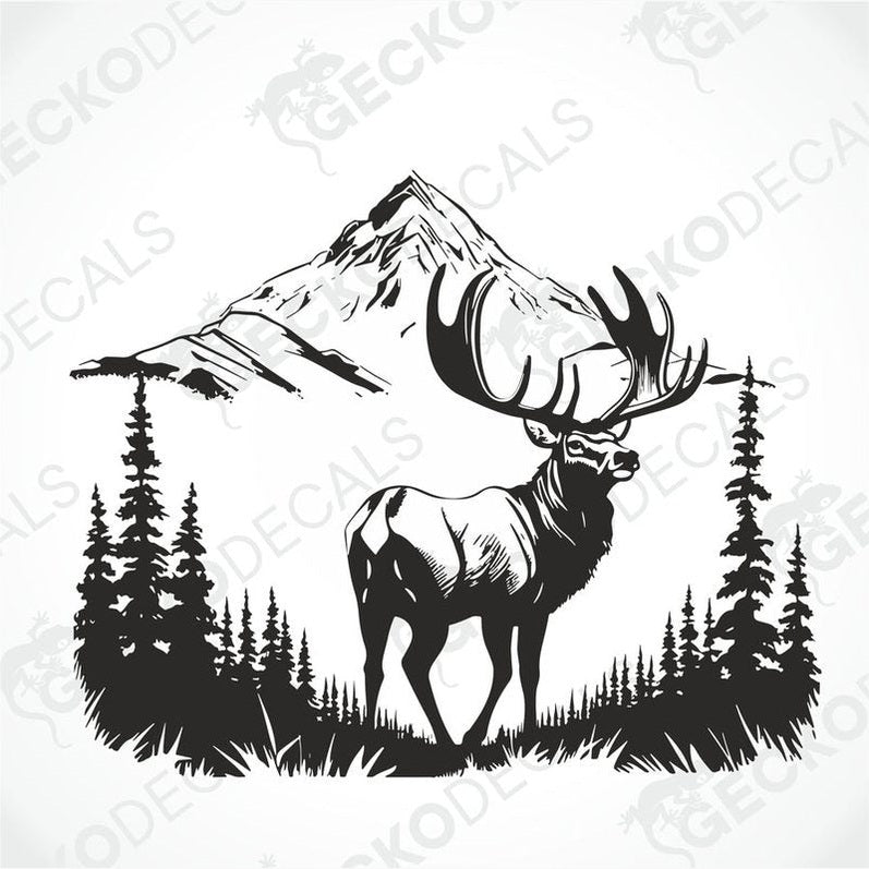 A decal of a deer in a mountainous landscape, positioned on the side of a white vehicle.