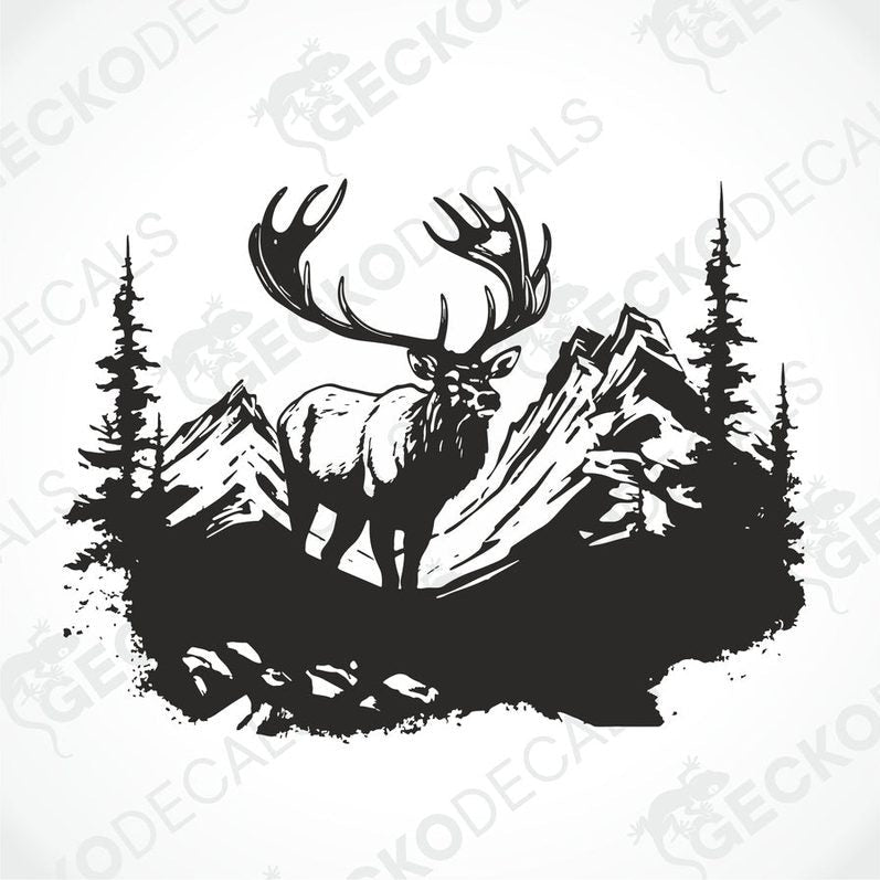 A decal of a deer with a set of antlers, depicted in a mountainous landscape with trees in the background.