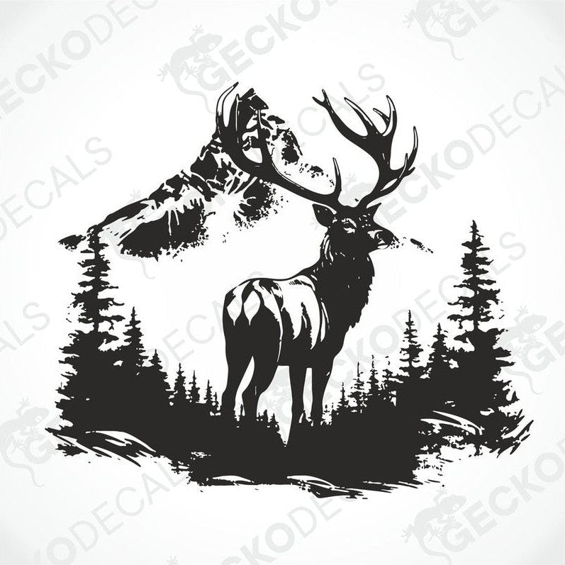 A decal of a deer with a full rack of antlers and a mountain range in the background, positioned on the side of a white vehicle.