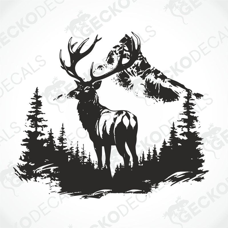 A decal of a deer with a full rack of antlers and a mountain range in the background, positioned on the side of a white vehicle.