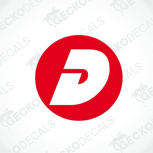 A red and white sticker with the DETHLEFFS logo, designed for use on both interior and exterior surfaces.
