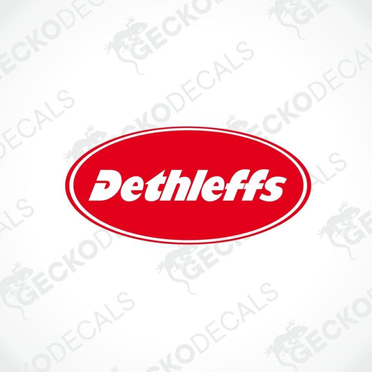 A red and white oval-shaped sticker with the 'Dethleffs' brand name in white on a red background.
