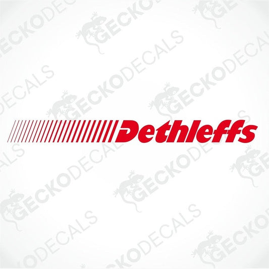 A red and white DETHLEFFS brand decal for vehicle use.
