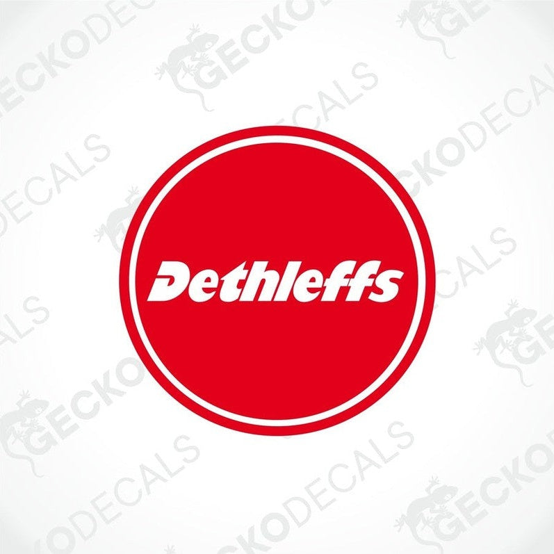 A red and white circular sticker with the Dethleffs brand name in the center.