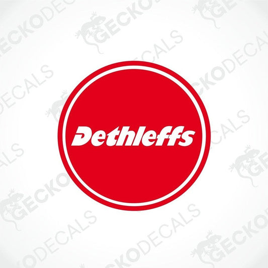 A red and white circular sticker with the Dethleffs brand name in the center.