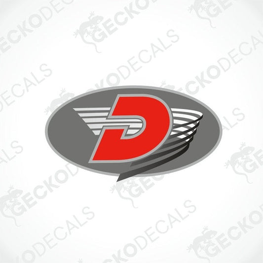 A printed and laminated die cut sticker with a red and silver design, featuring the letter 'D' in the center, indicative of a brand or logo.