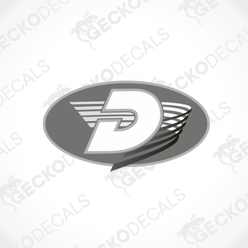 A die cut sticker with a printed logo, predominantly grey in color, designed for use on vehicles like caravans.