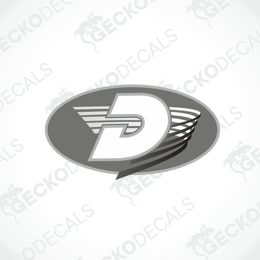 A die cut sticker with a printed logo, predominantly grey in color, designed for use on vehicles like caravans.