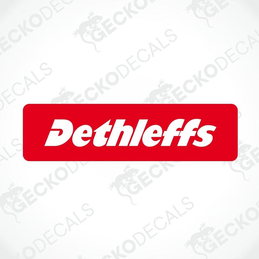 A red and white printed and laminated sticker with the Dethleffs brand name.
