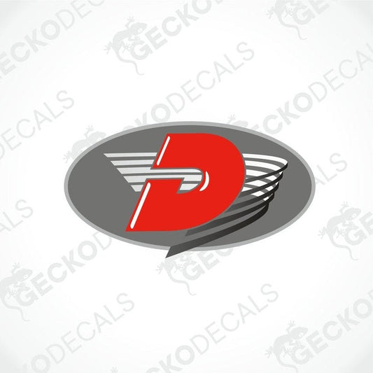 A printed and laminated die cut sticker with a red 'D' on a grey background, indicating a brand logo likely for a caravan.