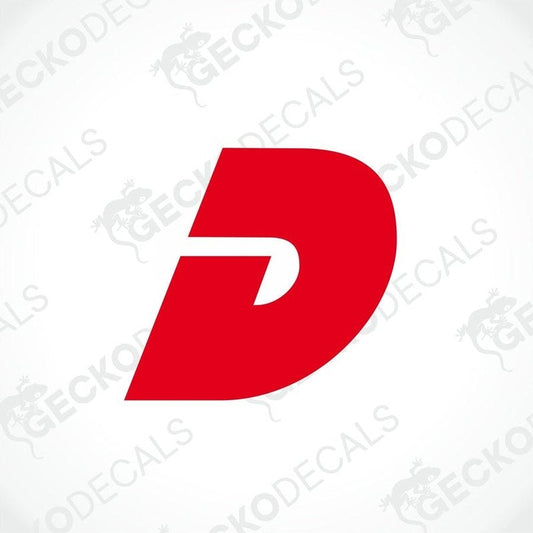A red and white die cut sticker representing the DETHLEFFS brand, designed for use on vehicles or other surfaces.