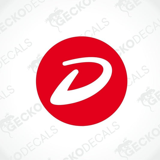 A red and white sticker with the DETHLEFFS logo, which is a white letter 'D' in a red circle.