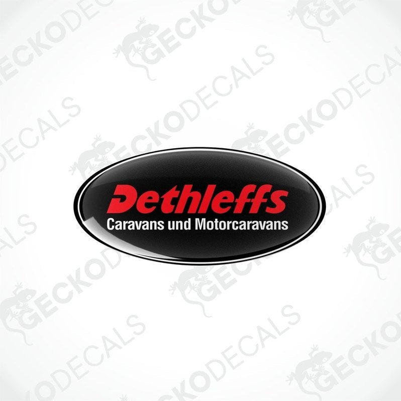 Two black, red, and white oval-shaped vinyl decals with the Dethleffs brand logo and text 'Caravans und Motorcaravans'.
