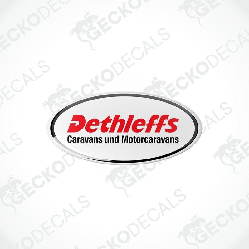 Two round vinyl decals with a red, white, and black 'DETHLEFFS Caravans und Motorcaravans' logo, placed on a white background.