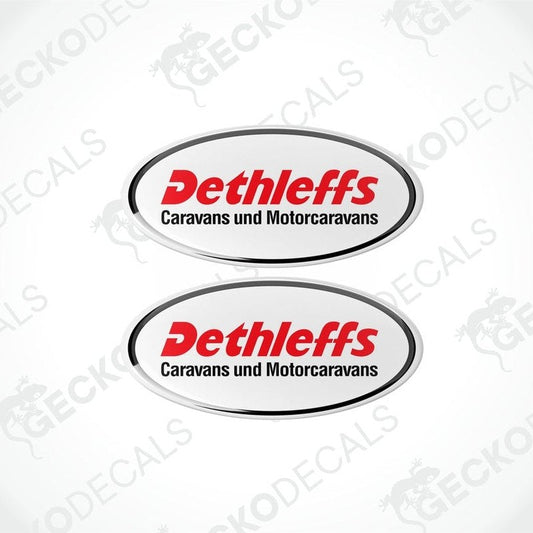 Two round vinyl decals with a red, white, and black 'DETHLEFFS Caravans und Motorcaravans' logo, placed on a white background.