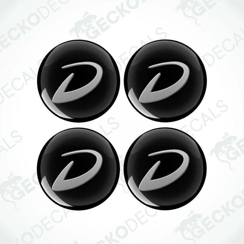 Set of 4 Dethleffs caravan epoxy wheel decals with domed silver D logo on black vinyl