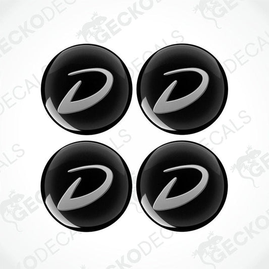 Set of 4 Dethleffs caravan epoxy wheel decals with domed silver D logo on black vinyl