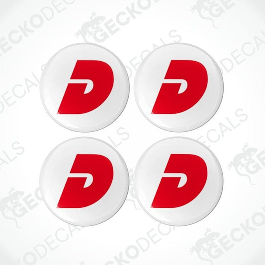 A set of four white round epoxy decals with a red 'D' logo in the center.