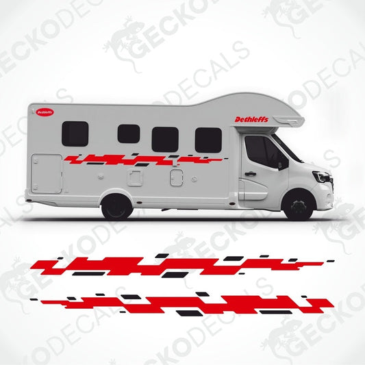A white Dethleffs caravan with red and black die-cut decals featuring the Dethleffs logo and text.