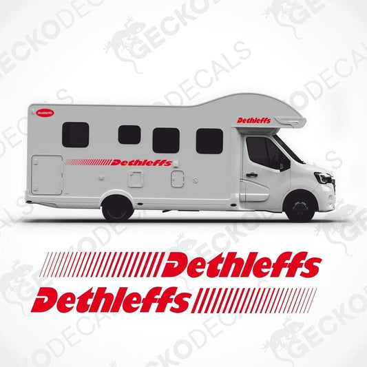 A white caravan with DETHLEFFS branding and a red and white logo on the side.