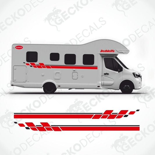 A white Dethleffs caravan with red and black decals, including the Dethleffs logo, displayed on the side and front of the vehicle.
