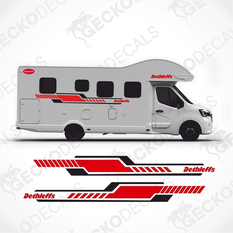DETHLEFFS caravan decal set with red black white side stripes and logos applied to motorhome