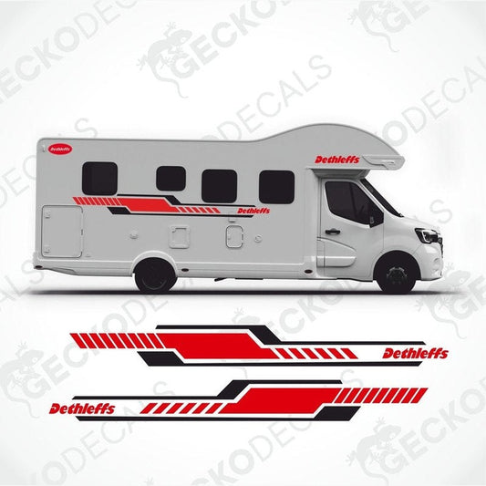DETHLEFFS caravan decal set with red black white side stripes and logos applied to motorhome