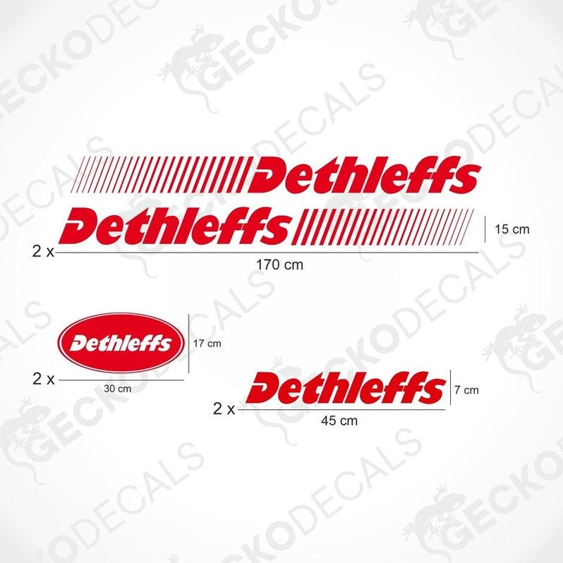 A white caravan with DETHLEFFS branding and a red and white logo on the side.