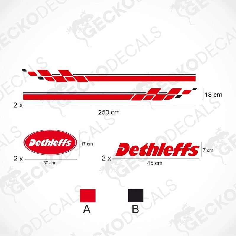 A white Dethleffs caravan with red and black decals, including the Dethleffs logo, displayed on the side and front of the vehicle.