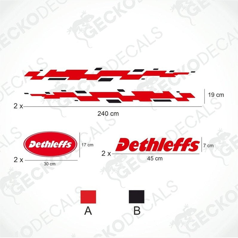 A white Dethleffs caravan with red and black die-cut decals featuring the Dethleffs logo and text.