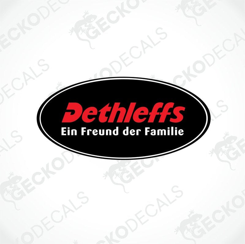 A black, red, and white oval-shaped sticker with the text 'Dethleffs Ein Freund der Familie'.