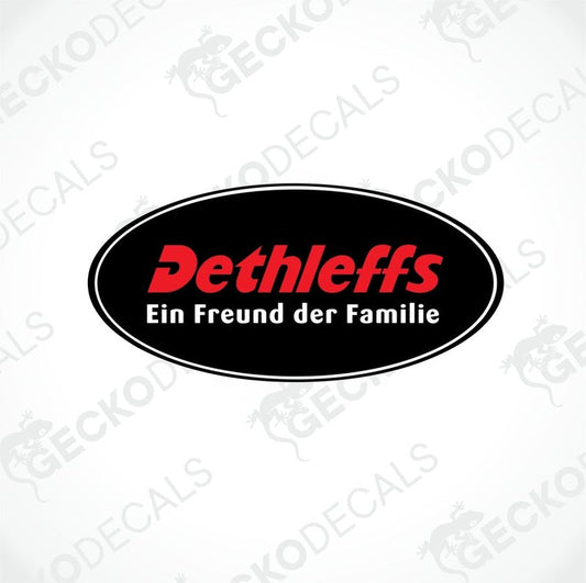 A black, red, and white oval-shaped sticker with the text 'Dethleffs Ein Freund der Familie'.